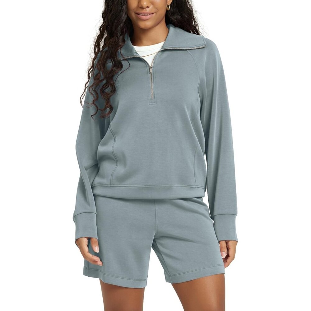 Women's Grey Blue Pullover Soft Half-Zip Sweatshirts for Long Sleeve Relaxed Fit